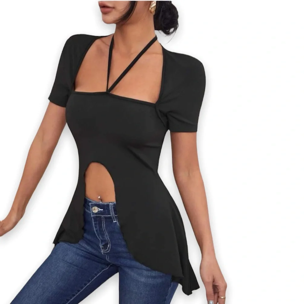 New Sexy Black Plain Asymmetrical Hem Tie Back Halter Short Sleeve Top - Picture 6 of 13